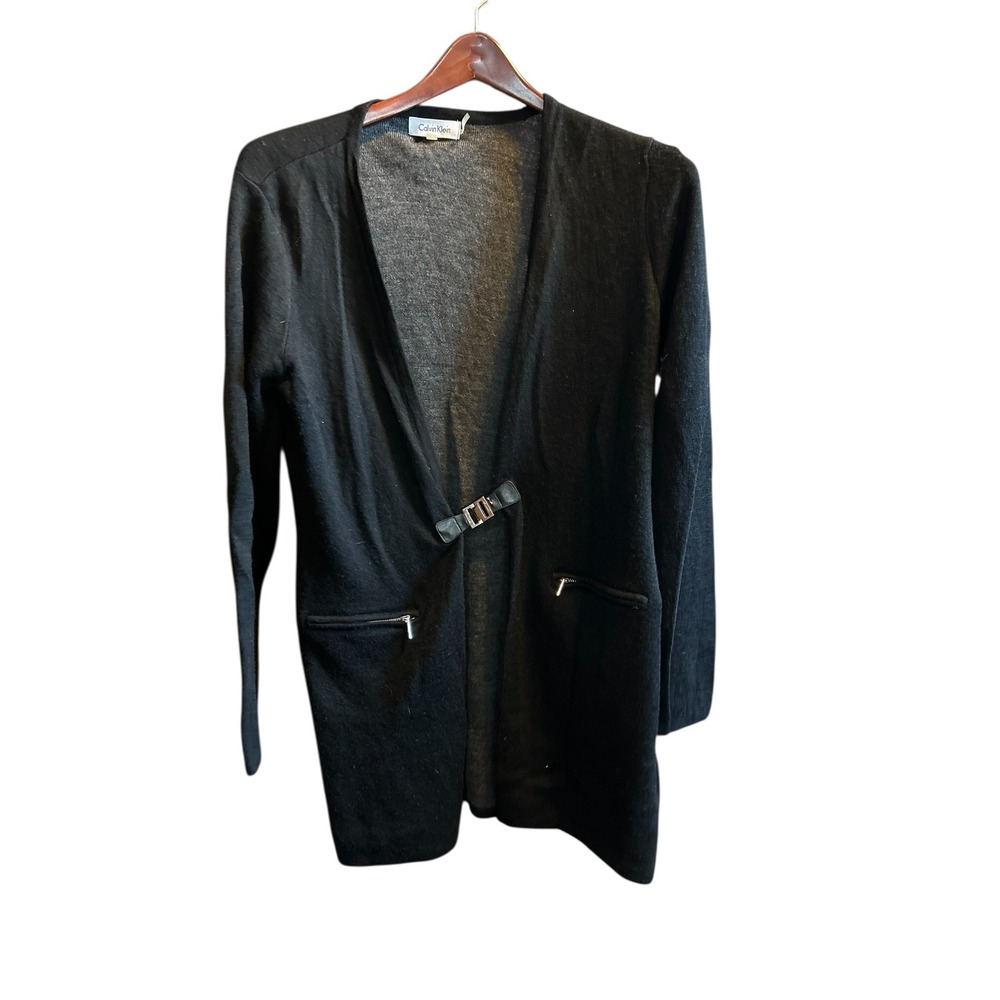 Calvin Klein Black Long Sleeve Open‎ Front Cardigan Sweater with Buckle Detail